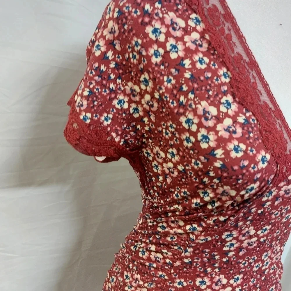 Free People Sweet Talker red Floral lace Boho Cottagecore 90s Mini Dress Size XS - Picture 7 of 16